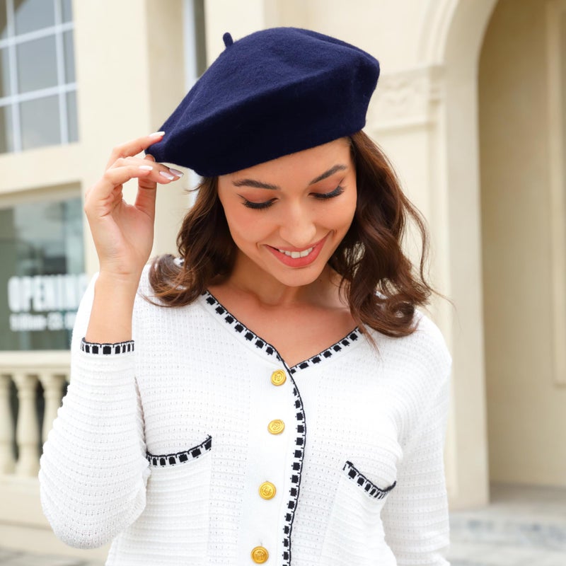 Wheebo Wool Beret Hat,Solid Color French Style Winter Warm Cap for Women Girls (Navy Blue) - Image 3